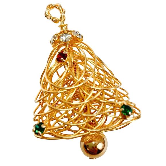 Vintage Gold Tone Rhinestone Christmas Tree Pendant Brooch Clip-On Earrings Set - Picture 3 of 9